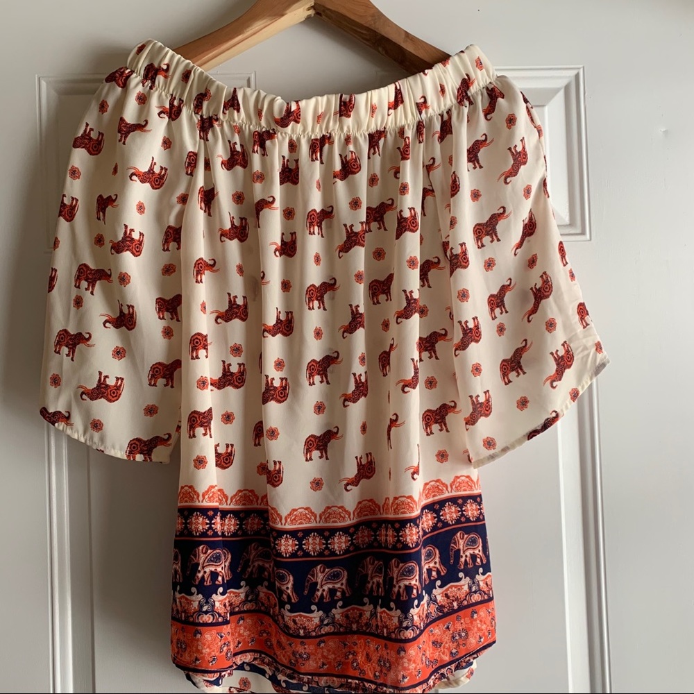 •Wishful Park• Boho, Off-Shoulder Top, Elephant Print 🐘